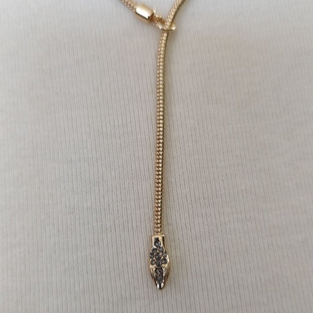 All Saints Necklace Gold Plated Pave Snake Head Lariat Pendant Slide - Picture 6 of 12